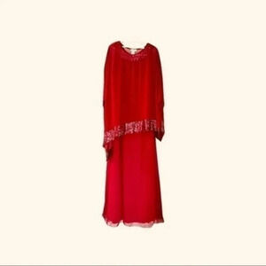 Miss Cristina red chiffon 2pcs dress set long dress with sequin hem cape XL NWOT